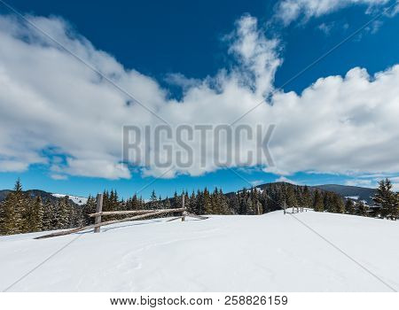 Picturesque Winter Sunny Day Carpathian Mountain View From Skupova Mountain Slope, Ukraine.