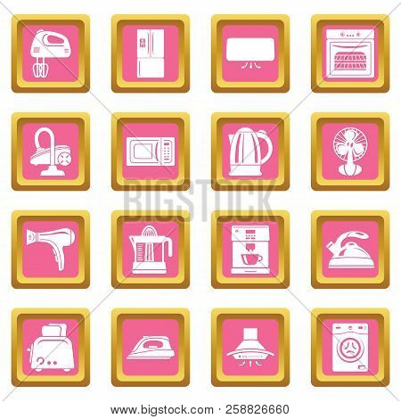 House Appliance Icons Set Pink Square Isolated On White Background