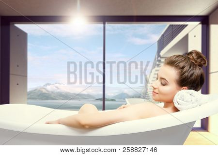 Young Sexy Beauty Caucasian Female Woman Adult With Clean Pure Skin Taking Spa Relaxing In Bath With