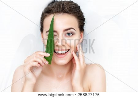 Portrait Of Young Sexy Female Woman Adult With Clean Pure Skin Taking Spa Smiling Relaxing In Bath W