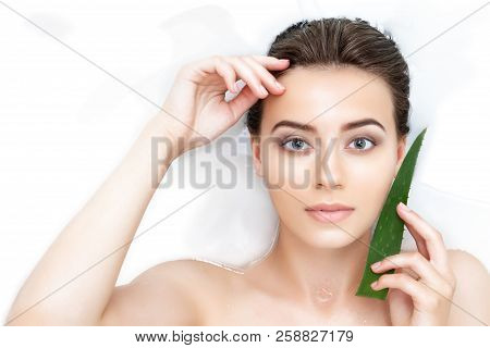 Portrait Of Young Sexy Female Woman Adult With Clean Pure Skin Taking Spa Smiling Relaxing In Bath W