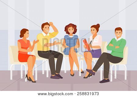 Woman Psychologist Working With A Group Of People. Group Therapy And Support. Vector Illustration