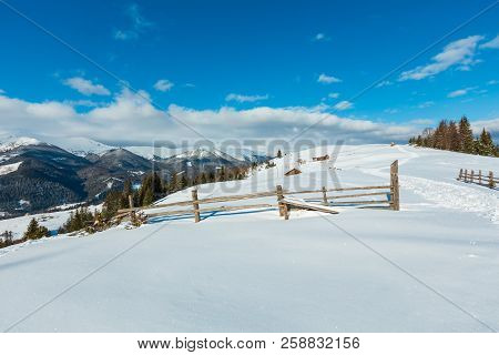 Winter  Morning Scenery Picturesque Mountain Rural Snow Covered Path And Footprint On Hill Top (ukra