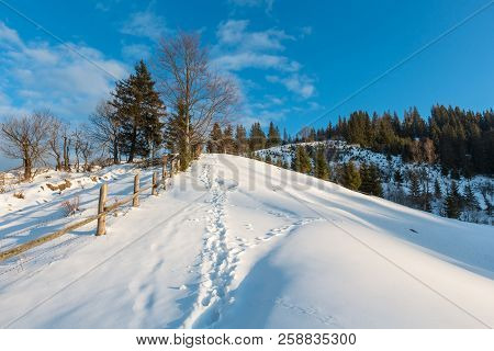 Winter  Morning Scenery Picturesque Mountain Rural Snow Covered Path And Footprint (ukraine, Carpath