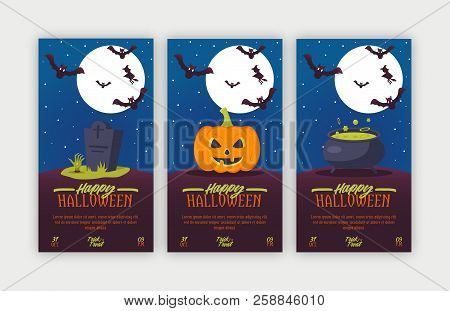 Happy Halloween Banners Set Vector. Holiday Of Octomber. Trick Or Treat. Set Of 3 Card Illustrations