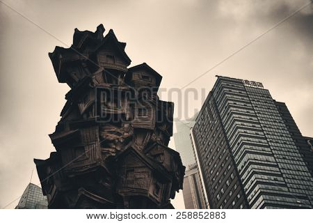 CHONGQING, CHINA â MARCH 13: Sculpture in Hongyadong shopping complex on March 13, 2018 in Chongqing. With 17M population, it is the most populous Chinese municipality.