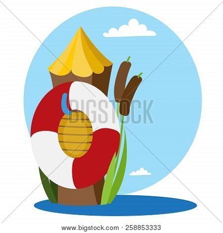Log And A Life Buoy In The Water. Cartoon Drawing For Gaming Mobile Applications.