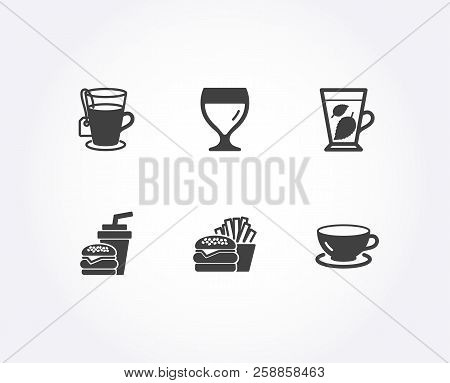 Set Of Mint Leaves, Burger And Tea Icons. Hamburger, Wine Glass And Espresso Signs. Mentha Leaf, Che