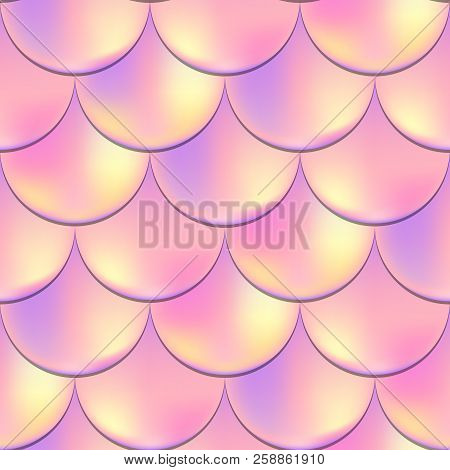 Mermaid Or Fish Scale Seamless Pattern With Holographic Effect. Iridescent Mermaid Vector Background