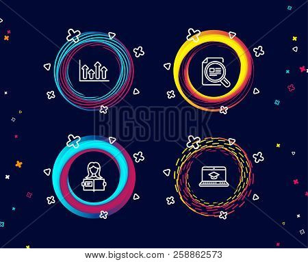 Set Of Woman Read, Upper Arrows And Check Article Icons. Website Education Sign. Girl Studying, Grow