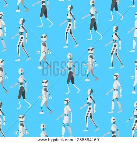 Cartoon Color Android Robots Seamless Pattern Background. Vector