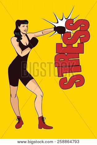 The Fight Against Stress. Pretty Girl Boxer Hitting Stress With A Left Hook.