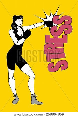 The Fight Against Stress. Pretty Girl Boxer Hitting Stress With A Left Hook.