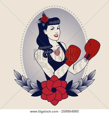 Emblem Of Pinup Boxing Girl, With Flowers, Tattoos And Boxing Gloves. Retro Style. Tattoo Style