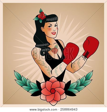 Emblem Of Pinup Boxing Girl, With Flowers, Tattoos And Boxing Gloves. Retro Style. Tattoo Style