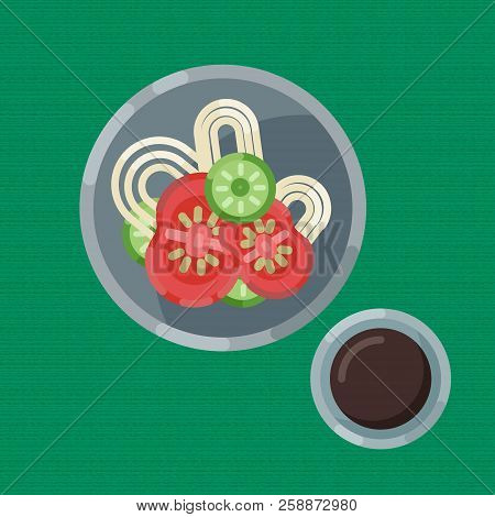 A Hearty Breakfast Of Noodle And Fresh Vegetables, Cup Of Coffee. Vector Illustration. Eating On A P