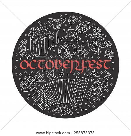 Greeting Festive Postcard With Raditional Bavarian Pattern Symbols. Octoberfest Round Vector Card Wi