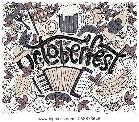Greeting Lettering Postcard With Raditional Bavarian Pattern Symbols. Octoberfest Lettering Vector C