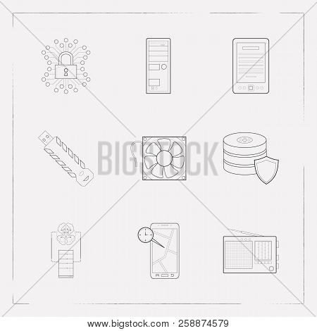 Set Of Electronic Icons Line Style Symbols With Real Time Location, Data Protection, Radio And Other