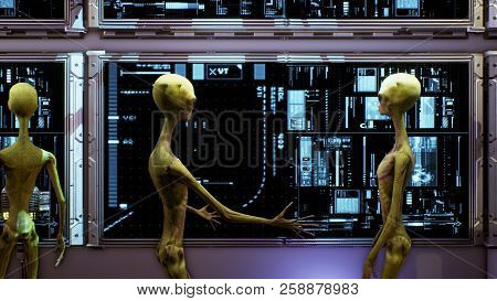 Aliens Near The Dashboard Of The Spacecraft. Super Realistic Concept. 3d Rendering