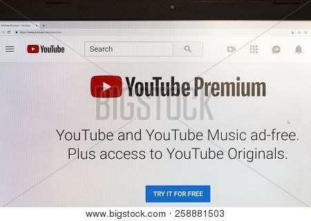 Yainville, France - September 18, 2018. Youtube Premium Page Sharing Service On Laptop Screen Close-