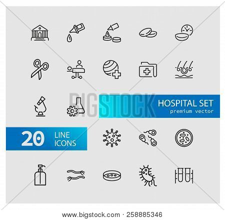Hospital Icons. Set Of Line Icons. Surgery, Operating Room, Laboratory. Medicine Concept. Vector Ill
