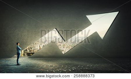 Confident Thinking Businessman With Crossed Hands Meditate Alone In Front Of A Rising Graph Arrow Sh