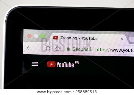 Yainville, France - September 18, 2018. Youtube Home Black Page Sharing Service On Laptop Screen Clo