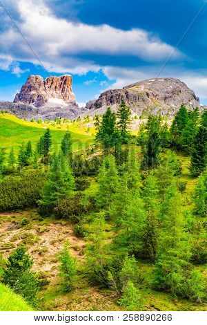 Beautiful Summer Landscape Of Mount Averau Of The Italian Dolomitesat At Passo Falzarego