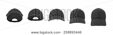 3d Rendering Of Five Black Baseball Caps Shown In One Line In A Front View But In Different Angles.