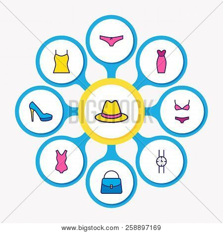 Vector Illustration Of 9 Clothes Icons Colored Line. Editable Set Of Underwear, Women Shoe, Watch An