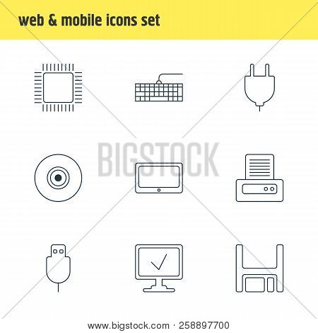 Vector Illustration Of 9 Computer Icons Line Style. Editable Set Of Plug, Smartphone, Access Approve