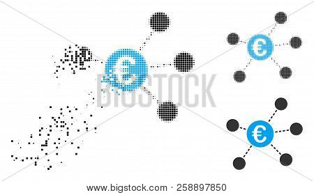Euro Virtual Links Icon In Dispersed, Pixelated Halftone And Undamaged Versions. Points Are Grouped 