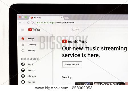 Yainville, France - September 18, 2018. Youtube Home Black Page Sharing Service On Laptop Screen Clo