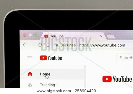Yainville, France - September 18, 2018. Youtube Home Black Page Sharing Service On Laptop Screen Clo