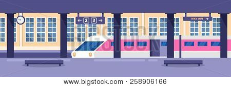 Modern High Speed Train On Empty Railway Station. Railway Passenger Public Transport, Vector Illustr