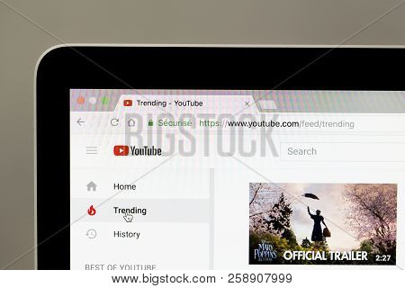 Yainville, France - September 18, 2018. Youtube Trending Page Sharing Service On Laptop Screen Close