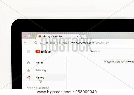Yainville, France - September 18, 2018. Youtube History Page Sharing Service On Laptop Screen Close-
