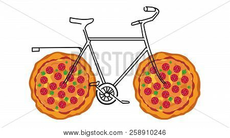 Sketch Doodle Bicycle With Ruddy Pizza( Pepperoni, Parsley, Cheese And Tomato Sauce) Wheels. Vector 