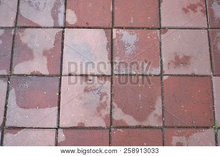 Square Pattern Of Wet Red Cement Walkway For Background Texture