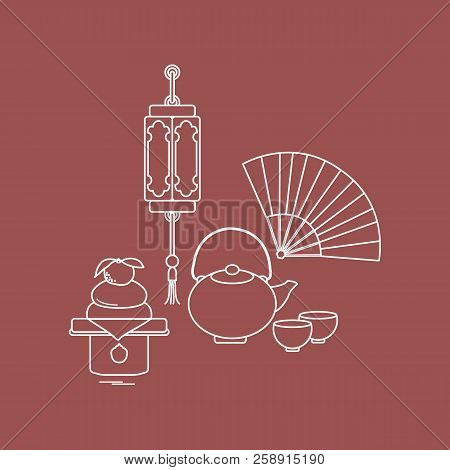 Eastern New Year Symbols. Chinese Lantern, Kettle With Two Cups, Fan, Kagami Mochi. Festive Traditio