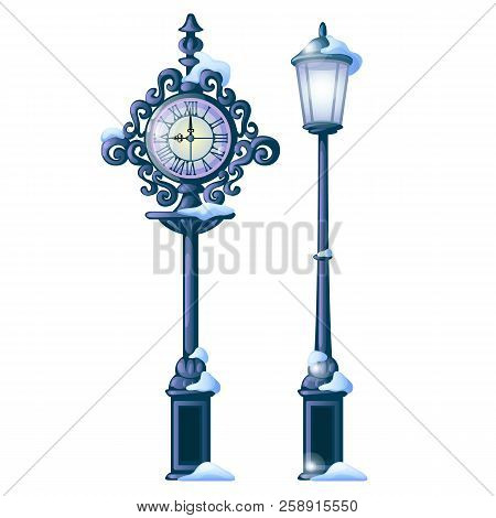 Vintage Snowy Street Clock With Ornate Dial And Streetlight Isolated On White Background. Sample Of 