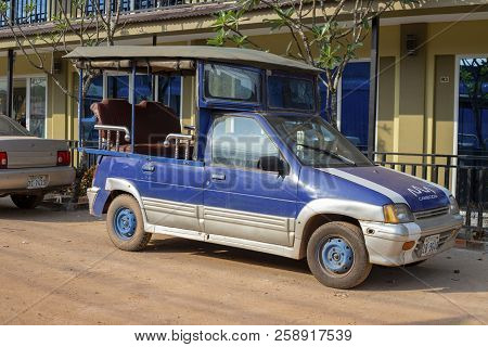 Sianoukville, Cambodia - 03 April 2018: Local Taxi Car Tuk-tuk Parked On City Street. Cambodian Tran