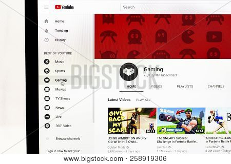 Yainville, France - September 18, 2018. Youtube Gaming Page Sharing Service On Laptop Screen Close-u