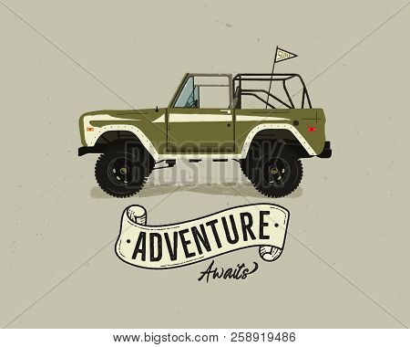 Vintage Hand Drawn Surfing Car. Retro Transportation With Surf Pennant. Old Style Surfers Automobile