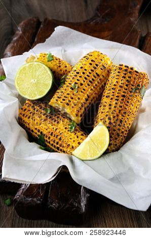 Delicious Fried Corn, Grated With Lime  And Seasoned With Spicy Spices. Indian And Mexican Style.