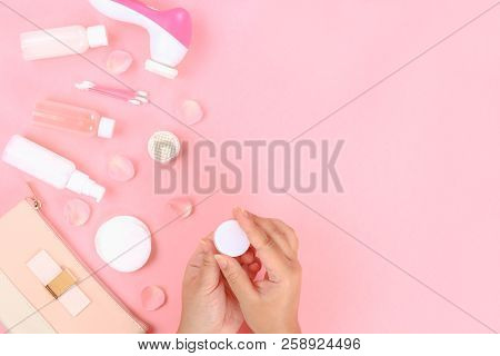Skincare Beauty Treatment Plant-based Products With Pink Rose Petals. Jar Of Body Moisturizer, Attar