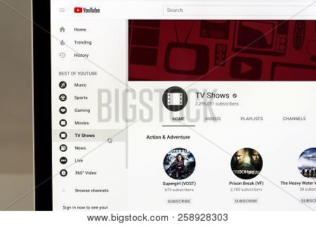 Yainville, France - September 18, 2018. Youtube Tv Show Page Sharing Service On Laptop Screen Close-