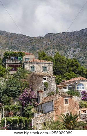 Portrait View Of Houses In Mlini, Croatia.