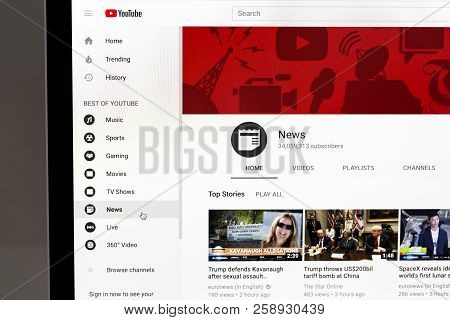 Yainville, France - September 18, 2018. Youtube News Page Sharing Service On Laptop Screen Close-up.